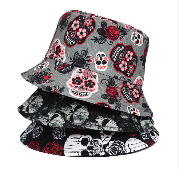 Rose Skull Print Bucket Hat
